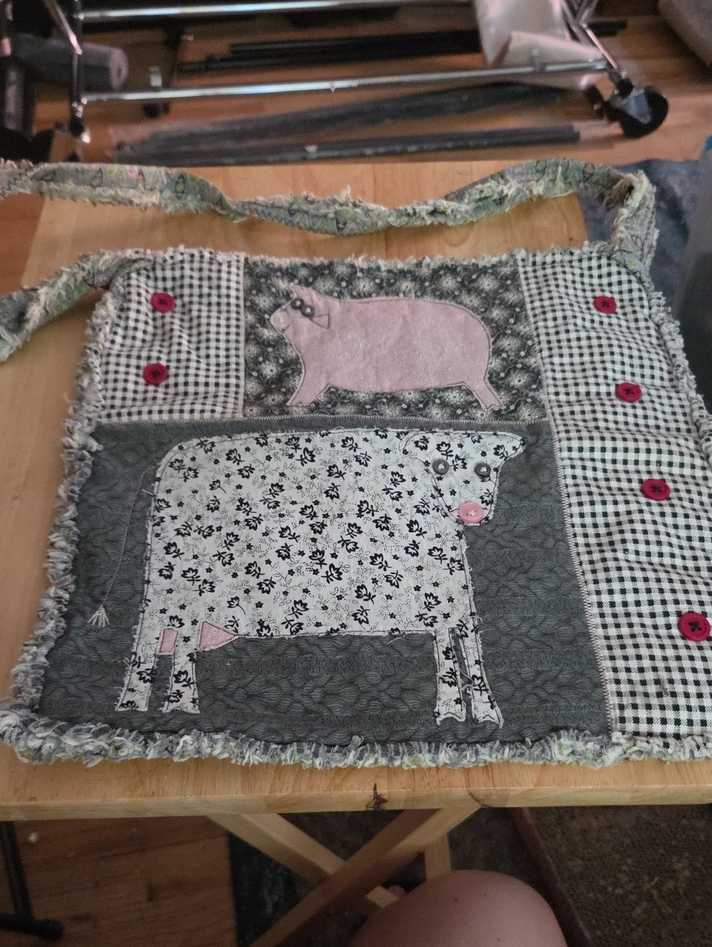Handmade Gray & Pink Patchwork Cow Pig Tote Bag